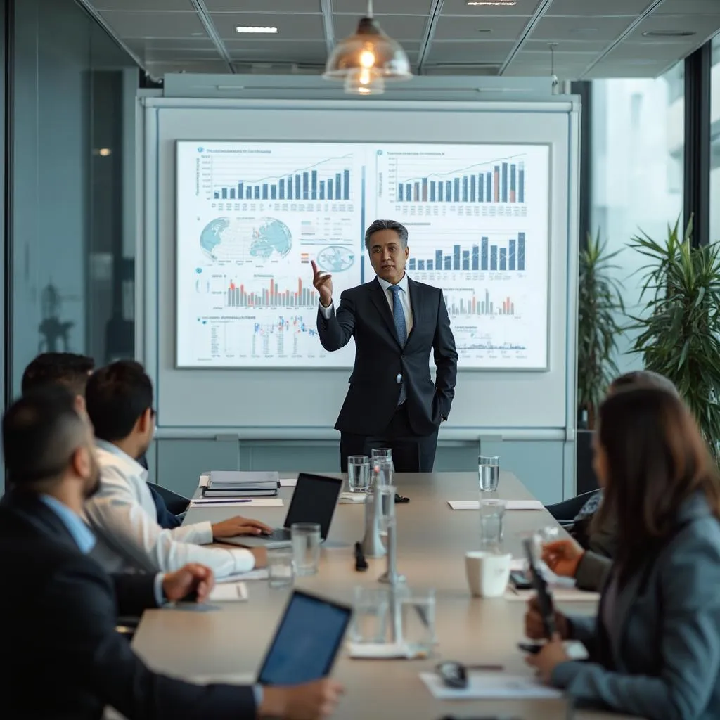 Consultor financiero presentando plan estratégico a ejecutivos