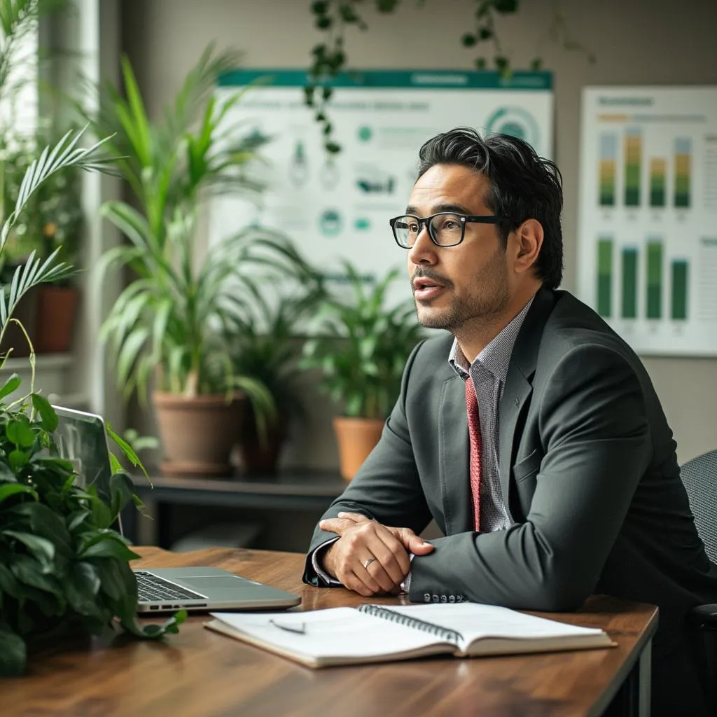 Consultor explicando estrategias de finanzas sostenibles