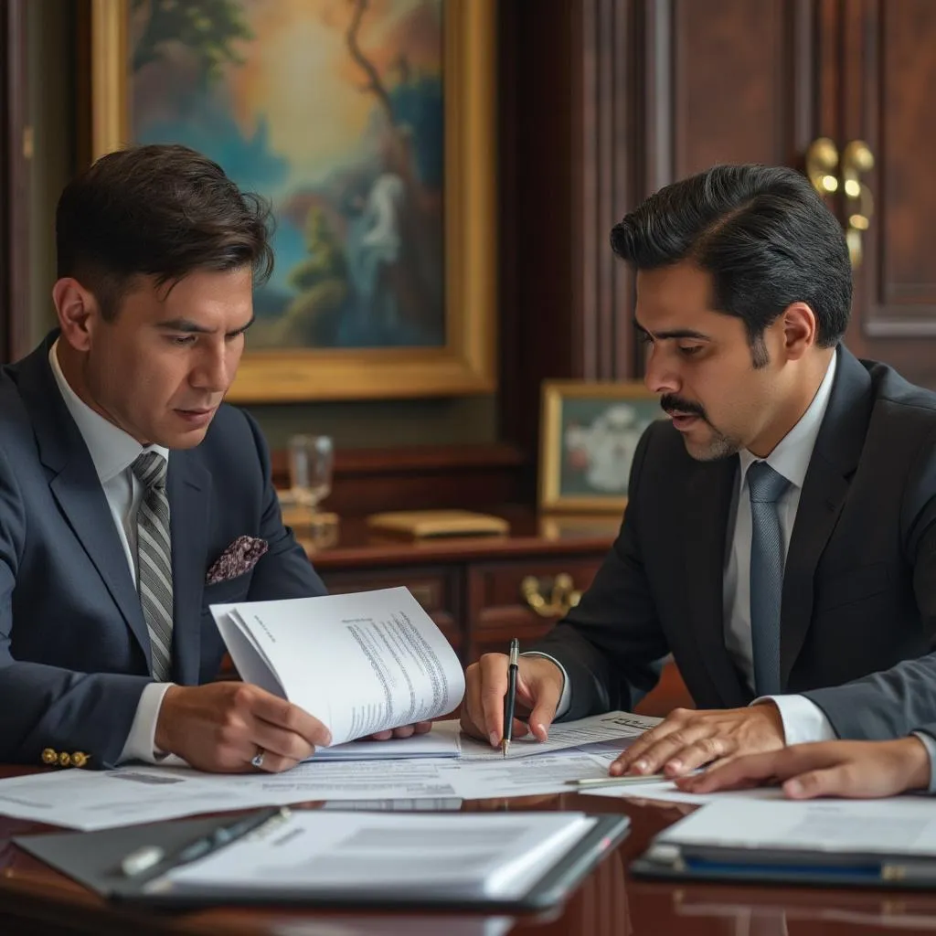 Profesional analizando documentos fiscales con cliente